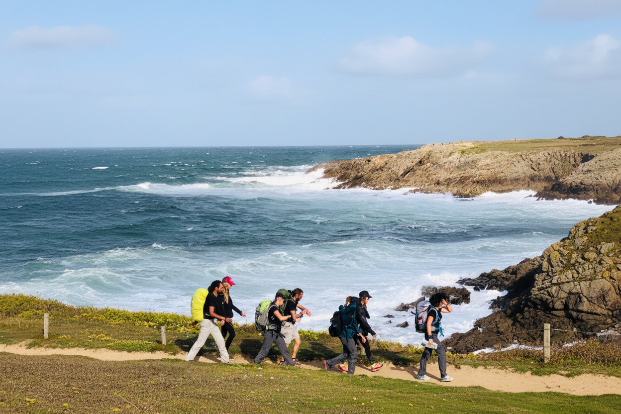 Groupe de randonneurs sur le sentier côtier de la Presqu'île de Quiberon face à l'océan